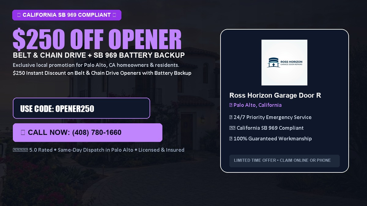$250 OFF Smart Garage Door Opener Installation (Belt & Chain Drive with California SB 969 Battery Backup) in Palo Alto, CA