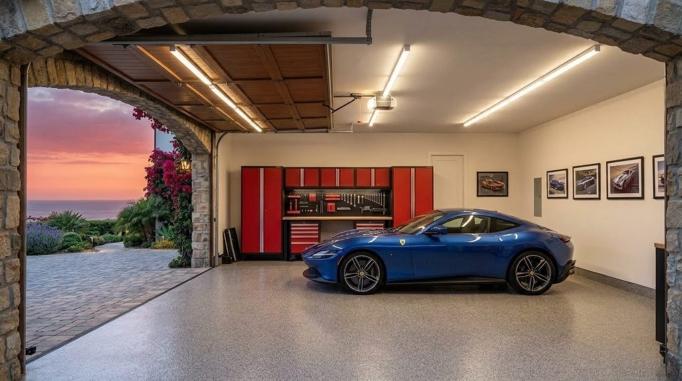 Ross Horizon Garage Door Repairs Interior View of Custom Garage Door Overhead and Workshop